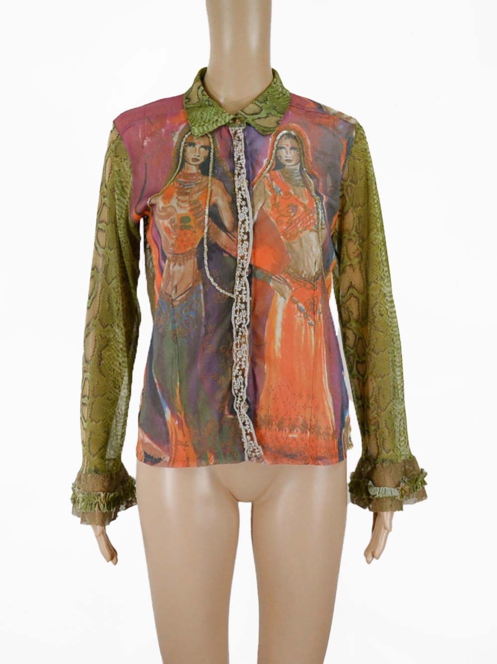 Vintage Tuzzi 90s Y2K Mesh Blouse Sheer Art Print Ruffle Top Blouse Archival